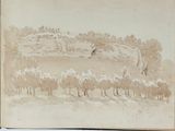 drawing of a landscape with trees and a castle in the distance