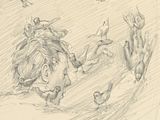 drawing of a child looking at birds flying around him