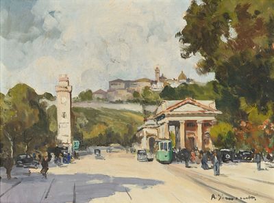 peinture représentant une scène de rue avec des passants et un bus