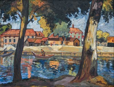 un tableau représentant un bateau sur l'eau près d'un village