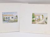 two watercolor paintings of houses on a white background