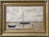 a painting of a boat in the water with a flag on it