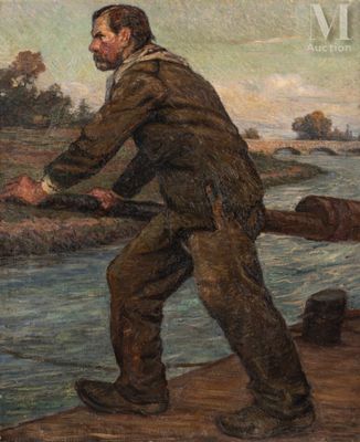 an image of a painting of a man standing on a dock