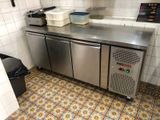 a stainless steel counter top in a kitchen with a dishwasher