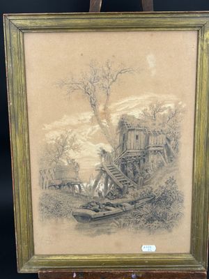 une vieille photo représentant un bateau sur une rivière, avec un château en arrière-plan