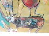 un tableau représentant une vache et un verre à vin posés sur une table