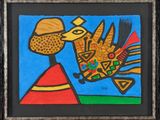 an image of a painting of a bird on a blue background