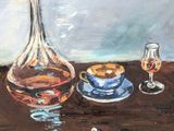 a painting of a still life with a glass of wine and cigarettes
