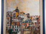 an oil painting of a cityscape with buildings in the background