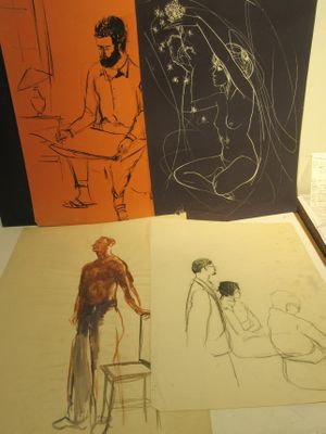 plusieurs dessins représentant un homme assis sur une chaise devant un tableau
