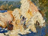 an oil painting of rocks on a rocky beach by the ocean