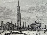 a drawing of a bridge over a river with a clock tower in the background