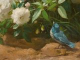a painting of a blue bird sitting on a rock next to flowers
