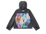 a picture of a black hoodie with a colorful heart print on it