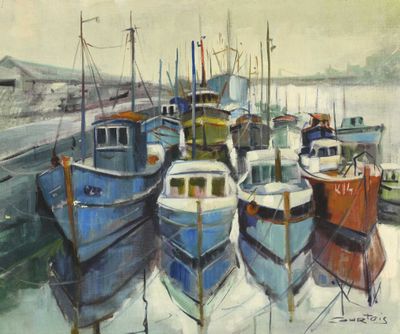 tableau représentant un groupe de bateaux amarrés dans un port par temps nuageux