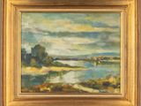a painting of a landscape with a river and trees in the background