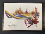 painting of a city skyline with a rainbow colored stream of water