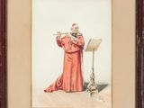 un tableau représentant un homme vêtu d'une robe rouge jouant de la flûte
