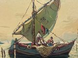 a painting of a man on a small boat in the water
