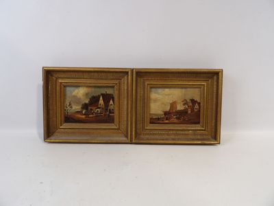une paire de peintures à l'huile représentant une scène de ferme avec des chevaux et une maison