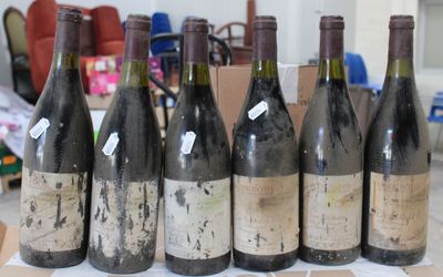 several bottles of wine are lined up on a table