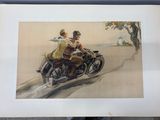 un tableau représentant un homme à moto avec une femme à l'arrière