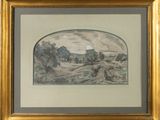 painting of a landscape in a gold frame on a wall