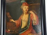 painting of a woman playing a musical instrument on a mantle