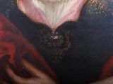painting of a woman in a black dress with a red shawl