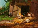 une peinture à l'huile représentant des poulets dans une grange, avec du foin par terre