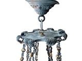 a blue and gold chandelier hanging from a ceiling