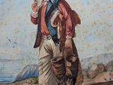 painting of a man standing on a hill with a dog