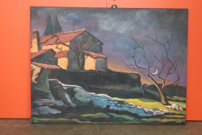 tableau représentant une maison sur une colline, avec un arbre au premier plan