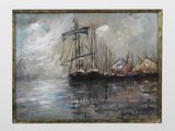 an oil painting of boats in a harbor with a cloudy sky