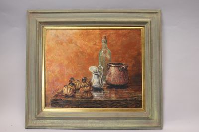 painting of a still life with a bottle of wine and three puppies