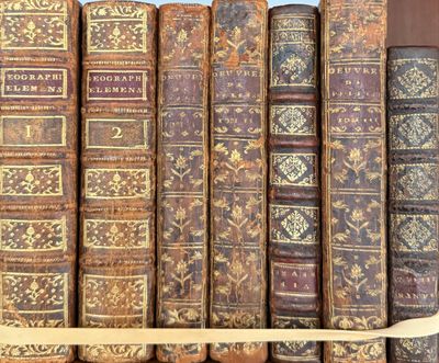 a row of old books on a shelf with a paddle