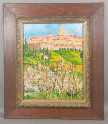 an oil painting of a landscape with a village in the distance
