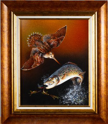 tableau représentant deux oiseaux et un poisson, dans un cadre