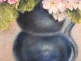 a painting of a blue vase with pink and white flowers in it