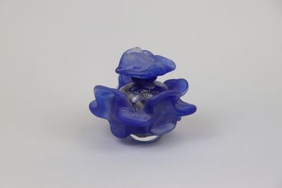a small blue flower that is sitting on a white surface