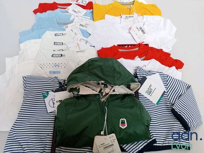 a pile of clothes and a bag on a table