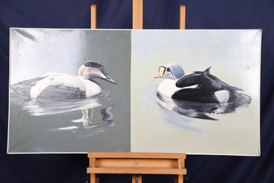 tableau représentant un canard et un caneton sur une toile posée sur un chevalet