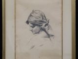 an old drawing of a woman wearing a head scarf