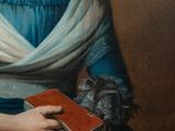 portrait of a woman in a blue dress holding a book