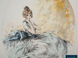 a drawing of a woman sitting on top of a horse