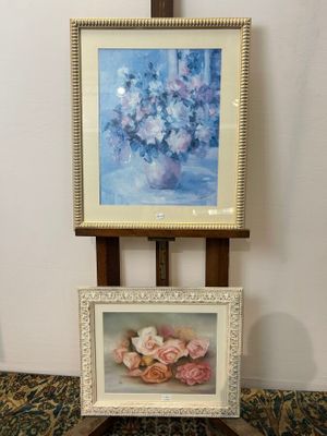 two pictures of flowers on a table next to a cross