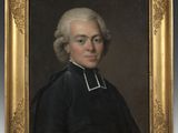 a painting of a man in a black coat and white hair