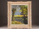 an oil painting of a river scene with trees and grass