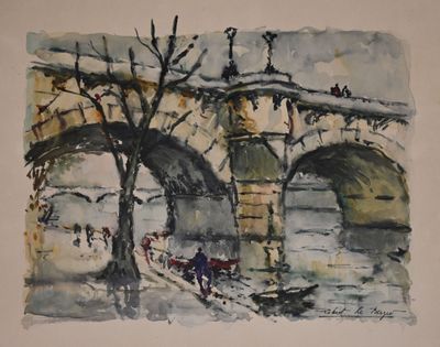 a watercolor painting of a bridge over a river