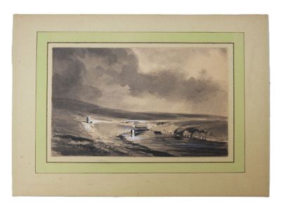 École du XIXème siècle. Paysage de bord de cote, animé d'un … - Photo 1